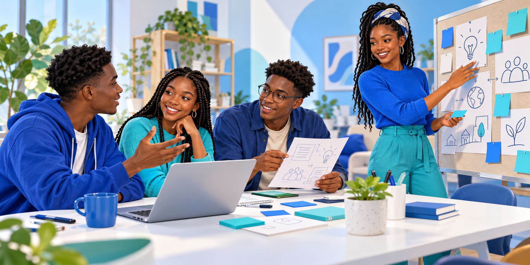 Illustration of four young adults discussing a community project with sketches, a laptop, and an ideas board.