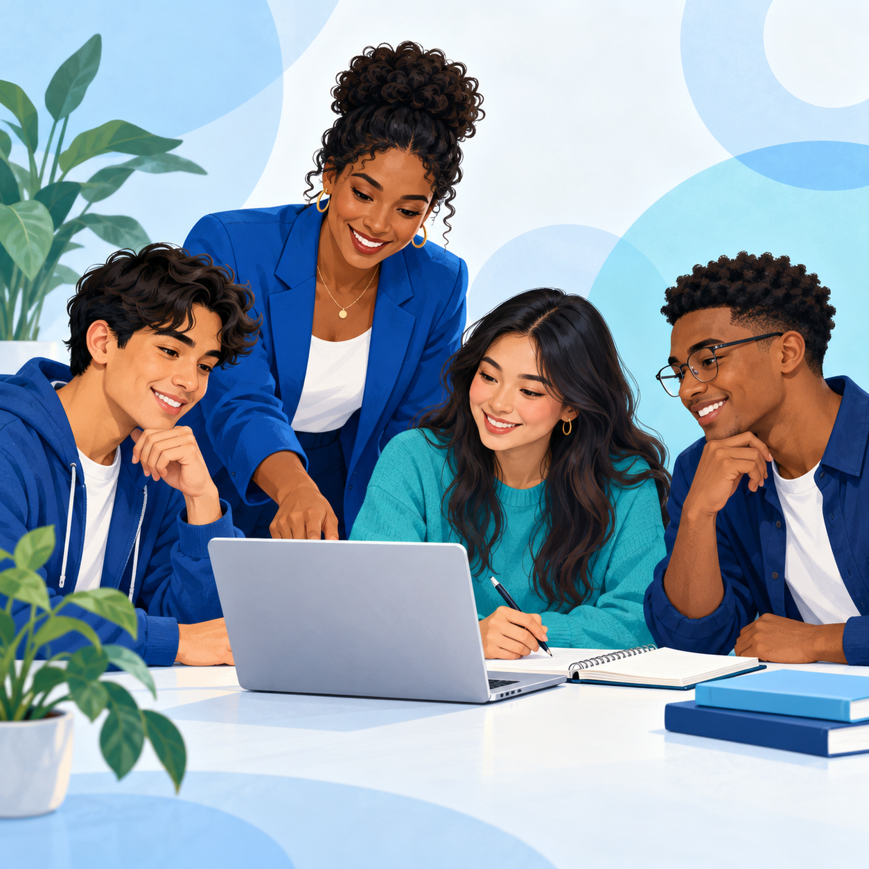 Illustration of a mentor helping three young learners explore a laptop and notebook together.